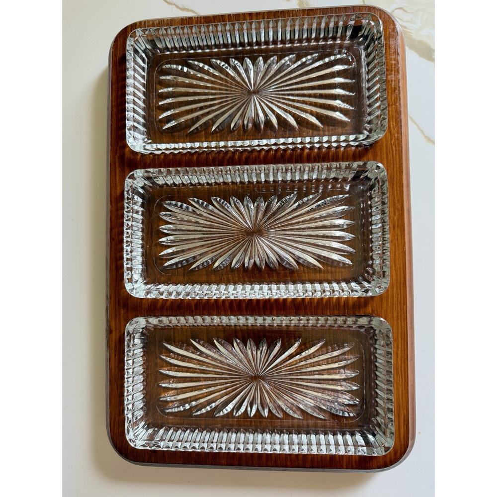 Vintage 3 Piece Glass & Wood Relish Olive Cheese Dish Etched Serving Tray 13”